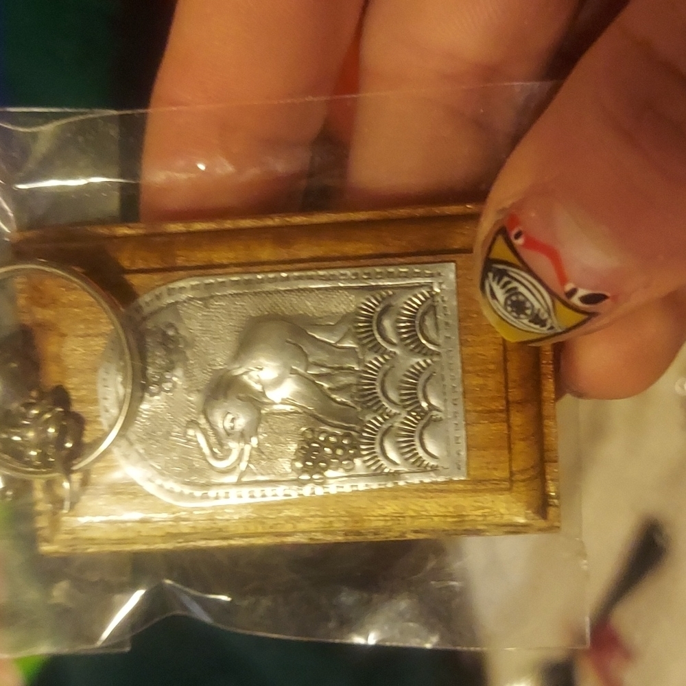 Made In Thai Land Elephant On Silver Plate Over Wood Key Chain